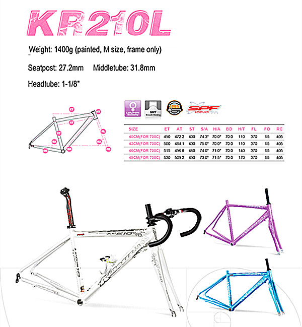 فریم دوچرخه آلومینیوم فوق سبک لیدی آرو جاده فریم دوچرخه + فورک مجموعه KR210L زنان 1.4kg 4